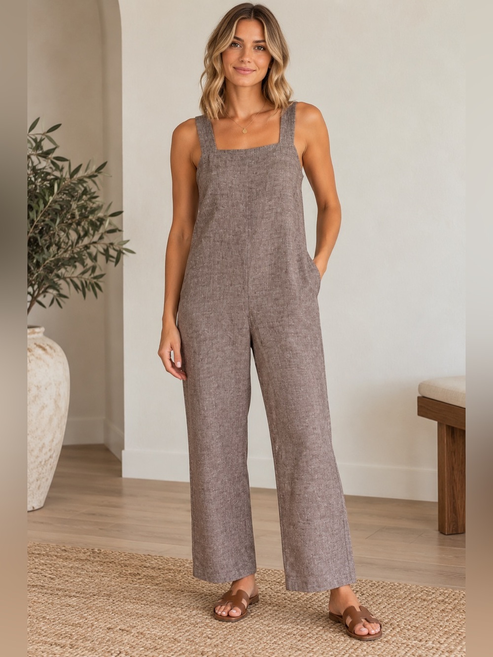 Quince 100% European Linen Square Neck Jumpsuit Taupe Brown S